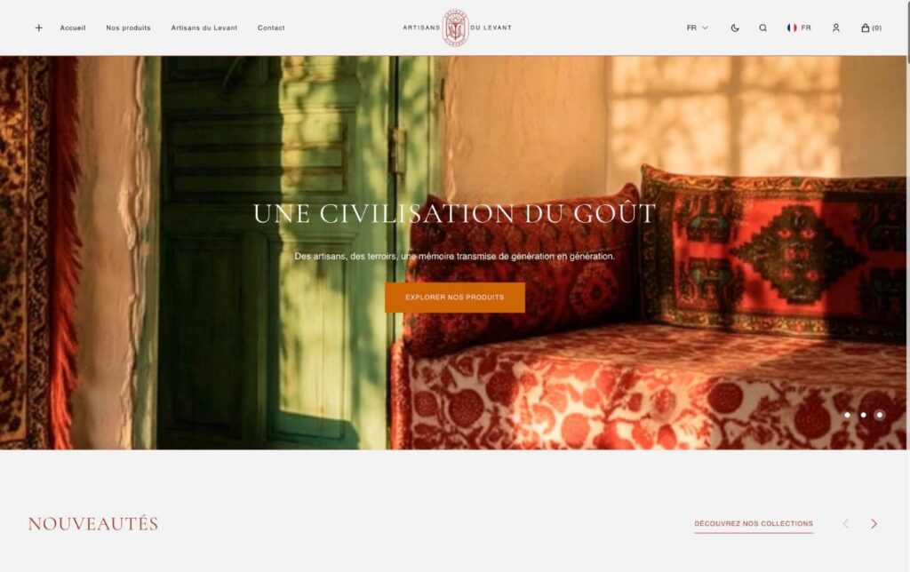 Site Shopify Artisans du Levant — page d’accueil « Une civilisation du goût »