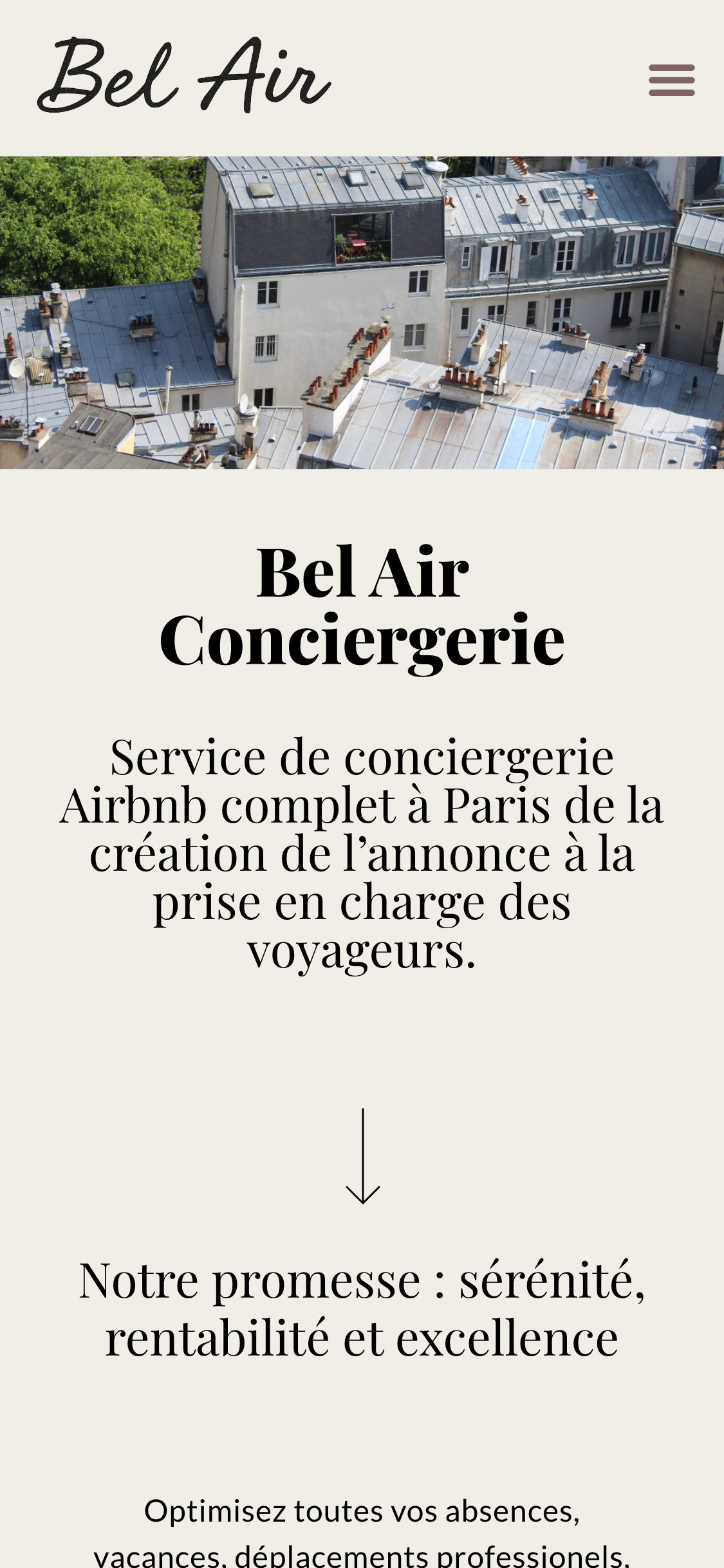 Site BelAir Conciergerie — page d’accueil, version mobile