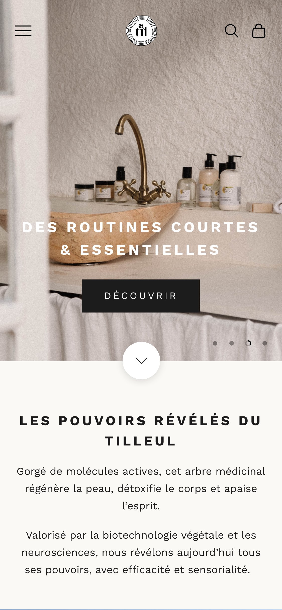 Site TiL Beauty — page d’accueil, version mobile