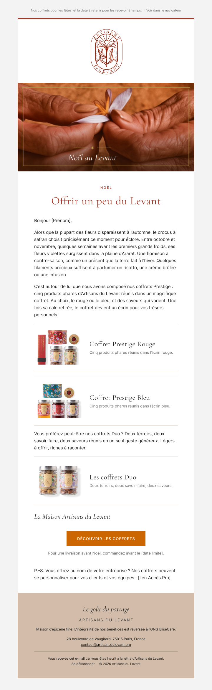 Artisans du Levant — e-mail de bienvenue