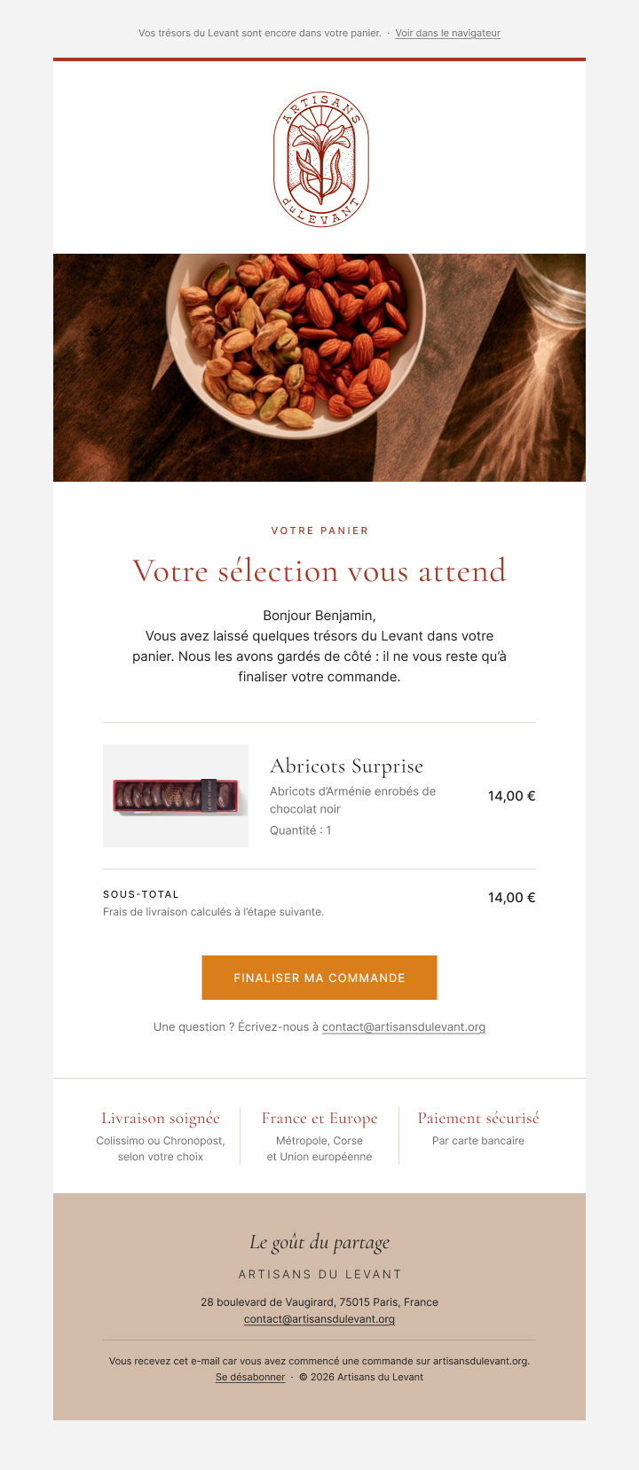 Artisans du Levant — e-mail panier abandonné