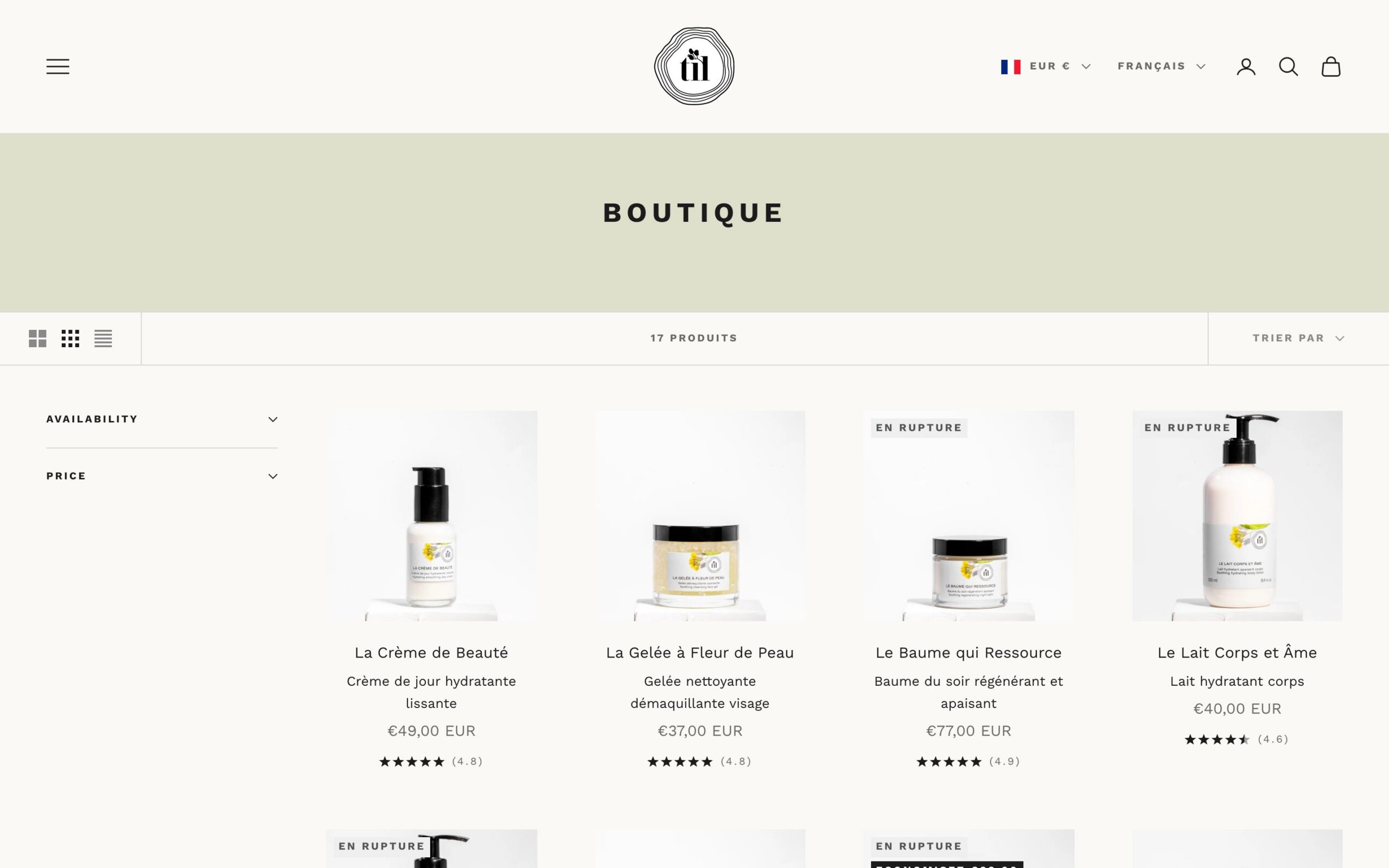 Site TiL Beauty — page la boutique, version ordinateur