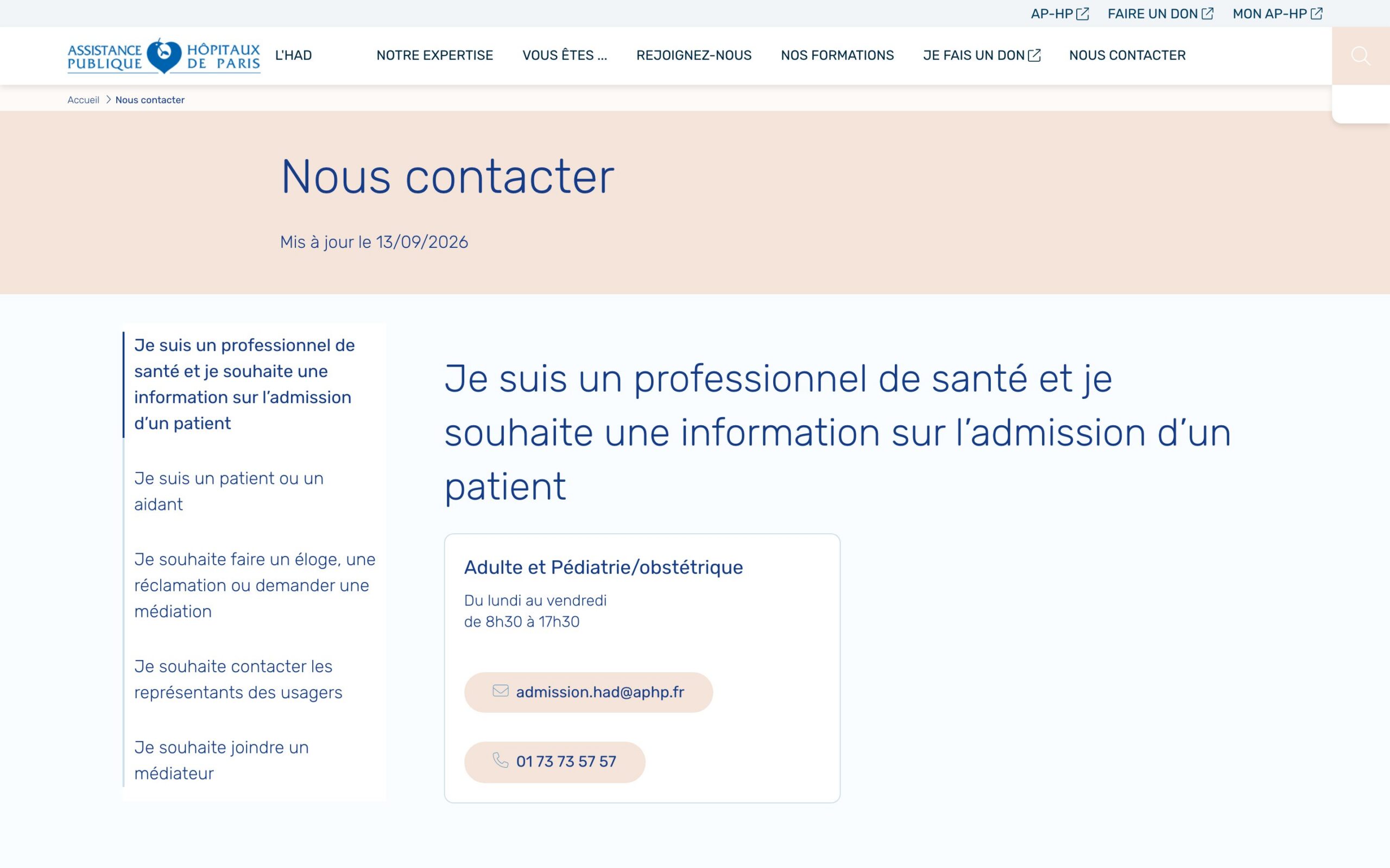 Site HAD AP-HP — page nous contacter, version ordinateur