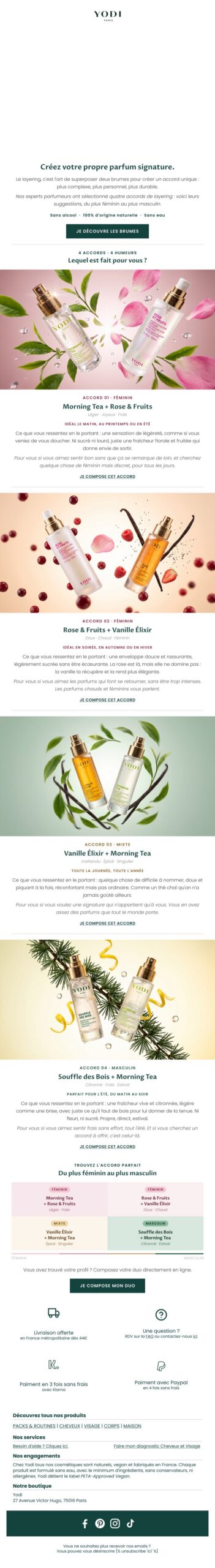 Newsletter Yodi « Layering » complète, du visuel au pied de page