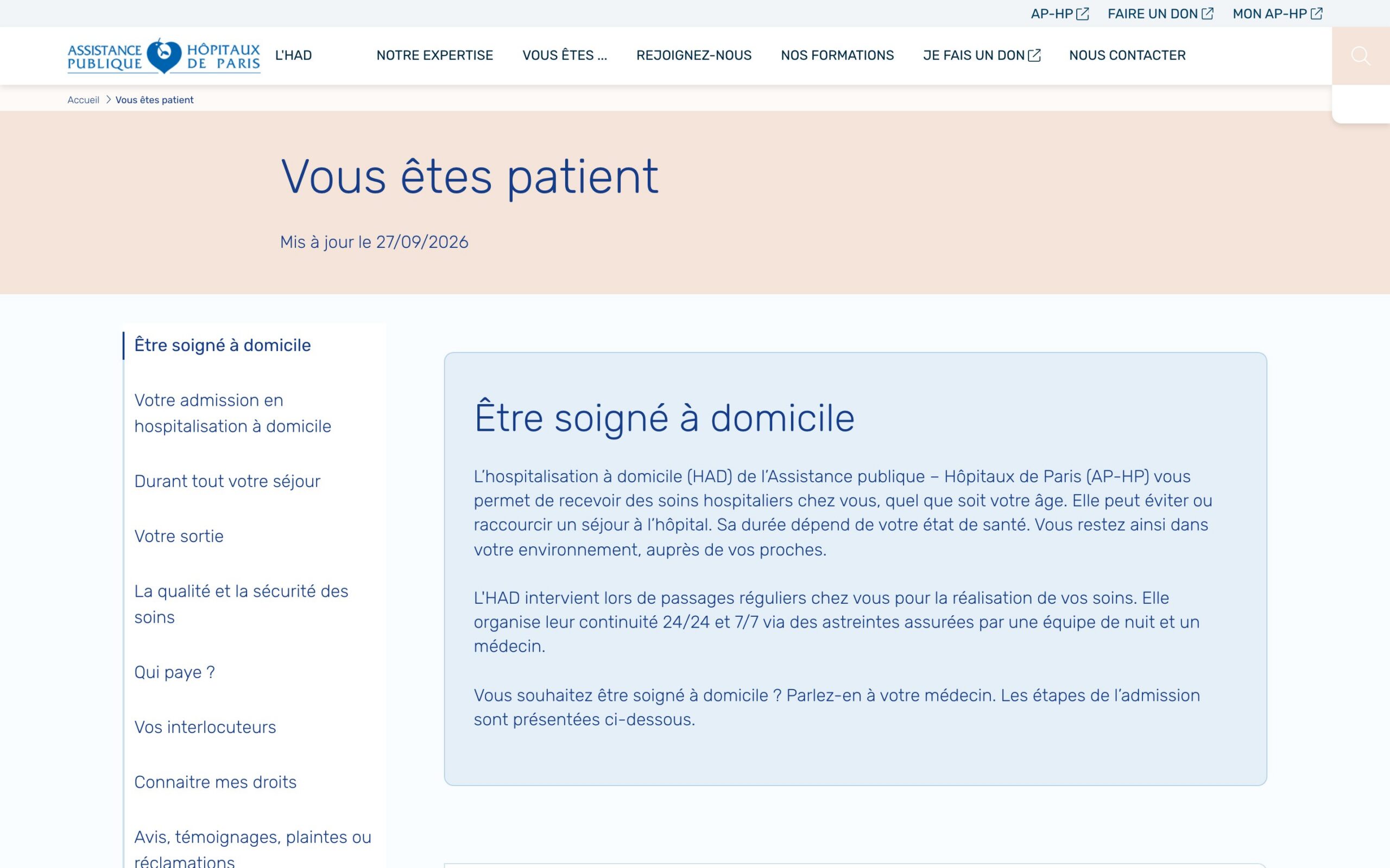 Site HAD AP-HP — page vous êtes patient, version ordinateur