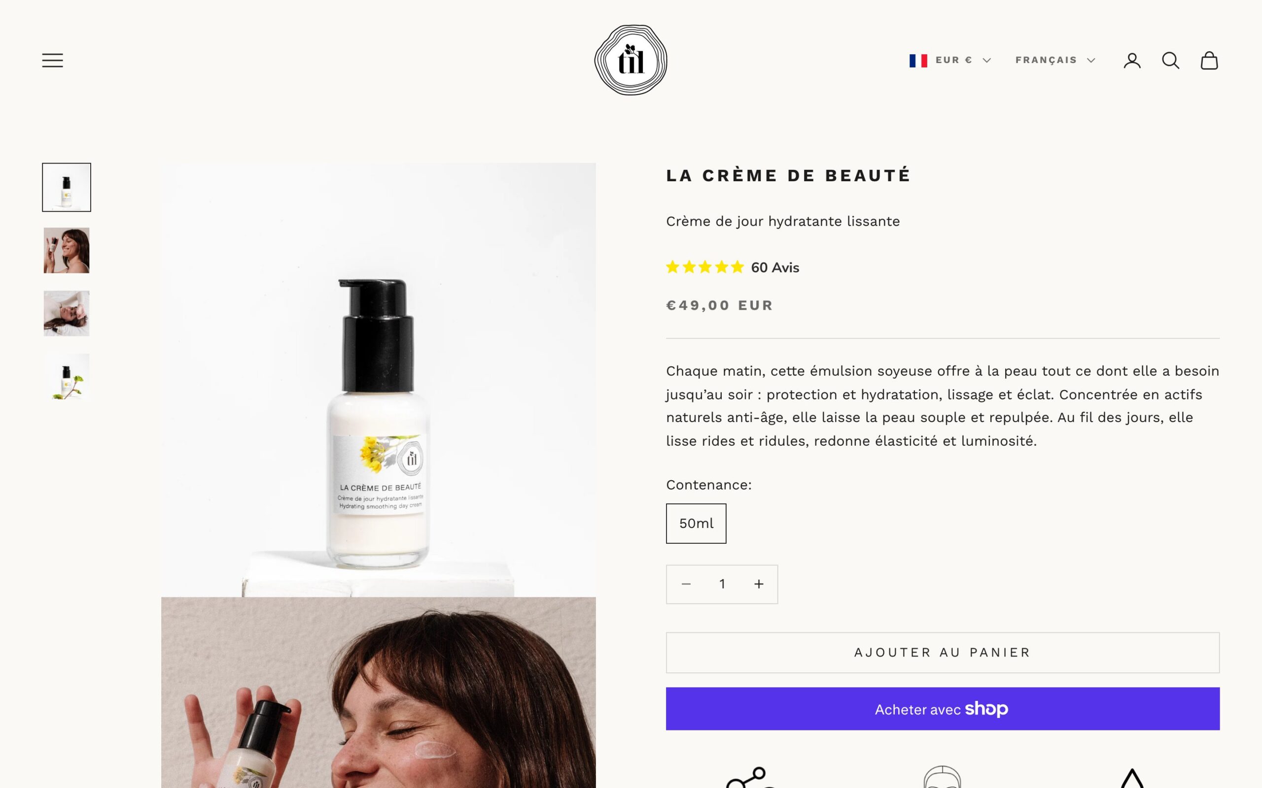 Site TiL Beauty — page une fiche produit, version ordinateur