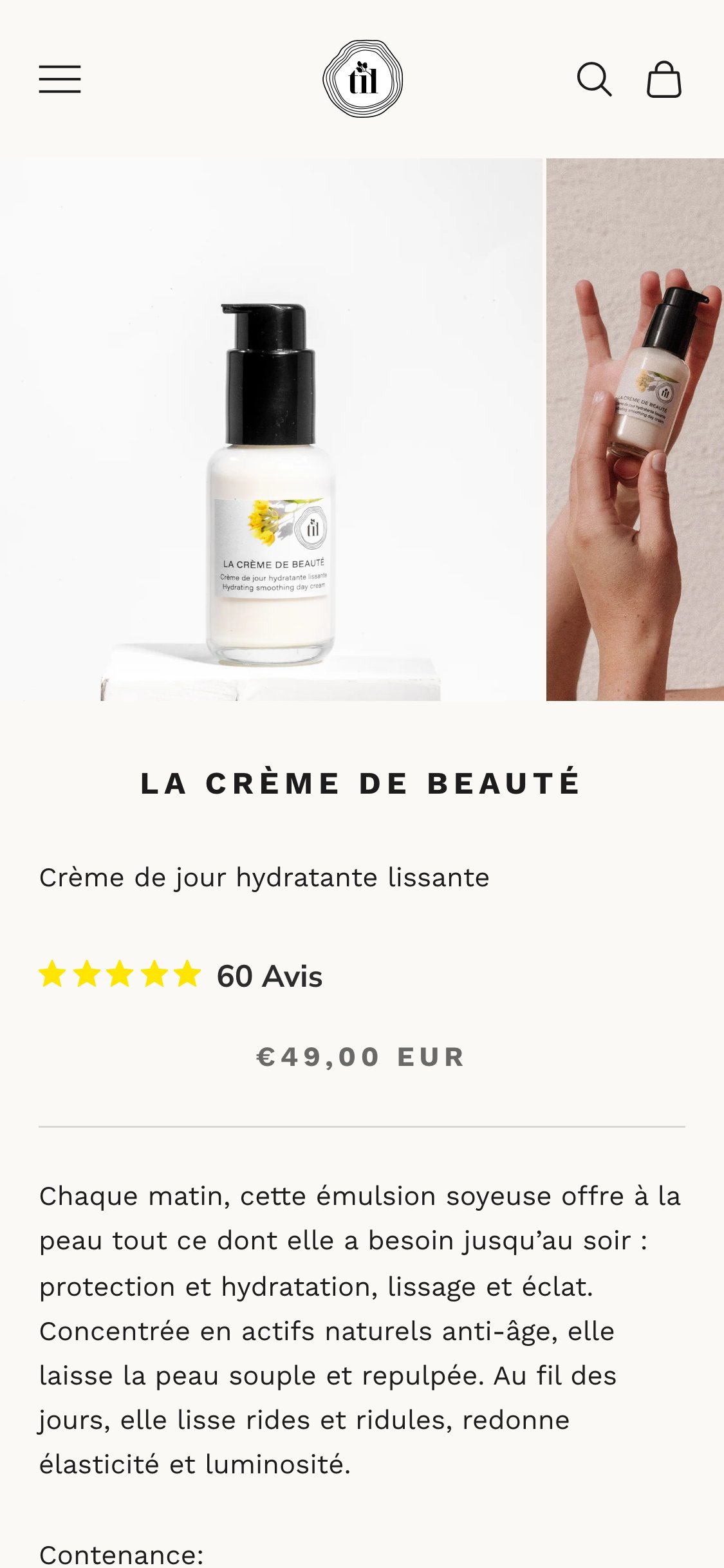 Site TiL Beauty — page une fiche produit, version mobile