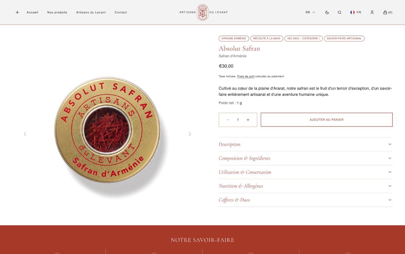 Site Shopify Artisans du Levant — fiche produit Absolut Safran