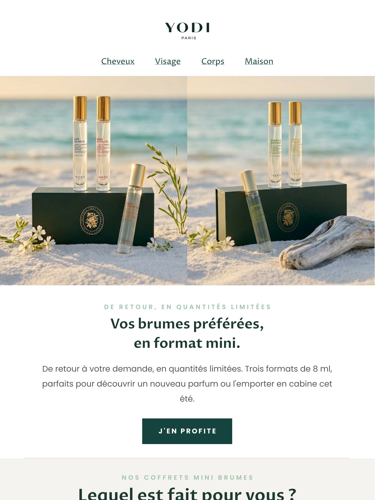 Newsletter Yodi « Mini brumes, été » — haut de l’e-mail